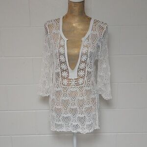 CB OPEN COTTON CROCHET, DEEP V, LONG TUNIC, BOHO COVER UP SWEATER